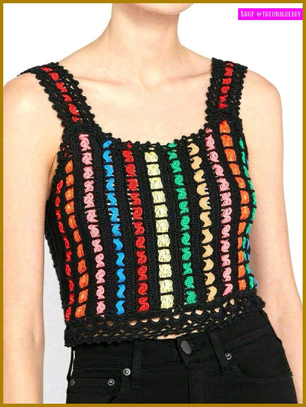 Alice + Olivia Lorri Rainbow Striped Crochet Black Crop Tank Top